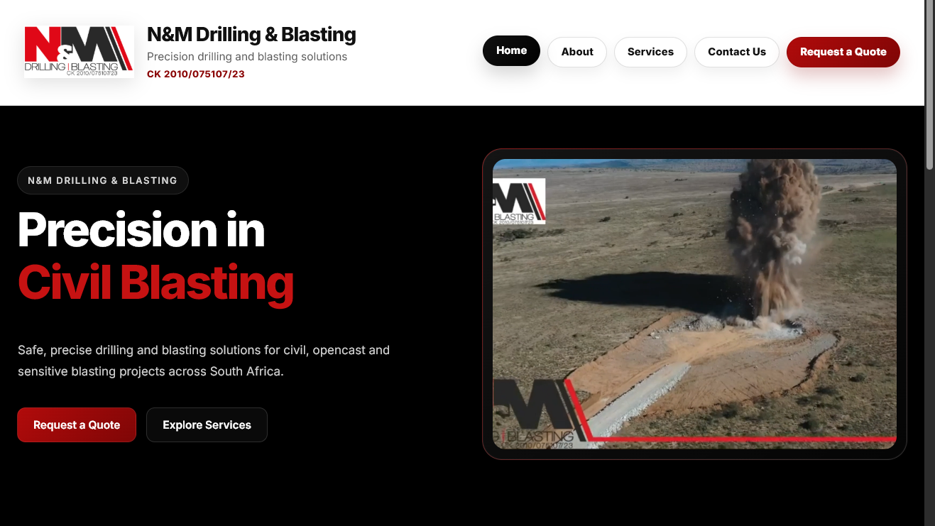 Website screenshot preview for N&M Drilling and Blasting